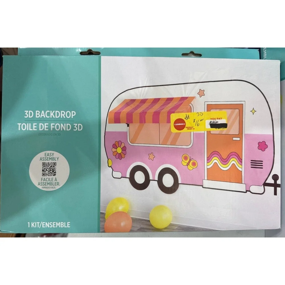 Retro‎ Groovy Camper 3D Party Backdrop Kit Pink Orange Photo Booth Decoration
